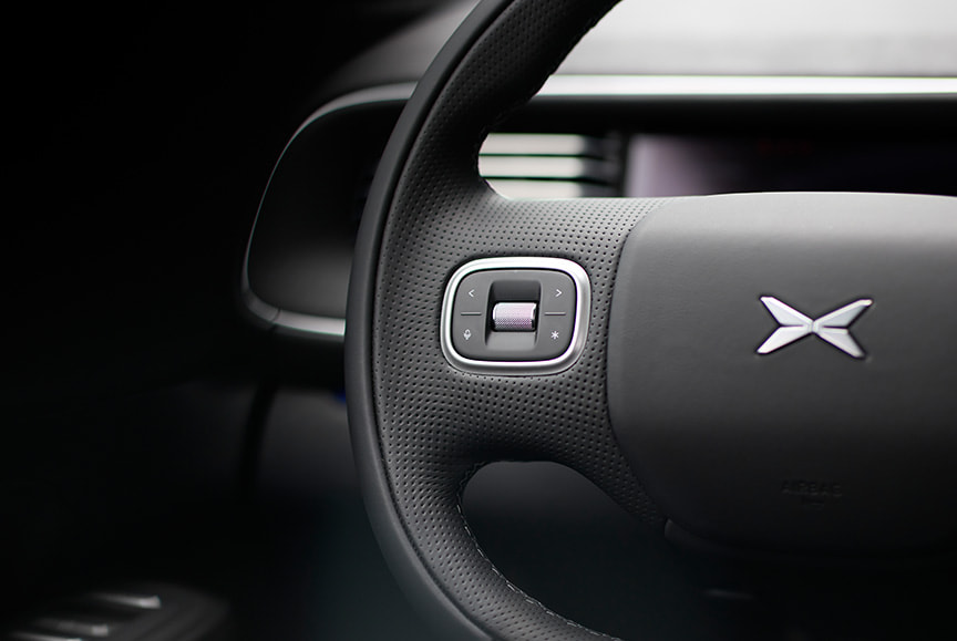 מבט מקרוב על גלגל ההגה ברכב חשמלי של אקספנג