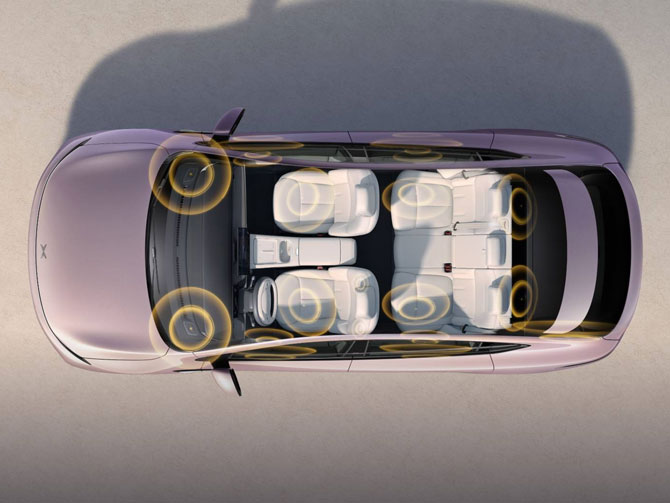 מבט מגבוה על תא הנוסעים של אקספנג G6 עם הדמייה של פיזור הרמקולים של מערכת השמע